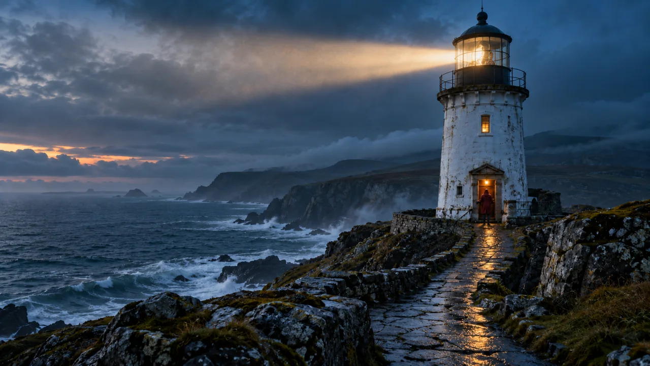 Cinematic concept: the same lighthouse casts a warm beam over the blue-hour sea.