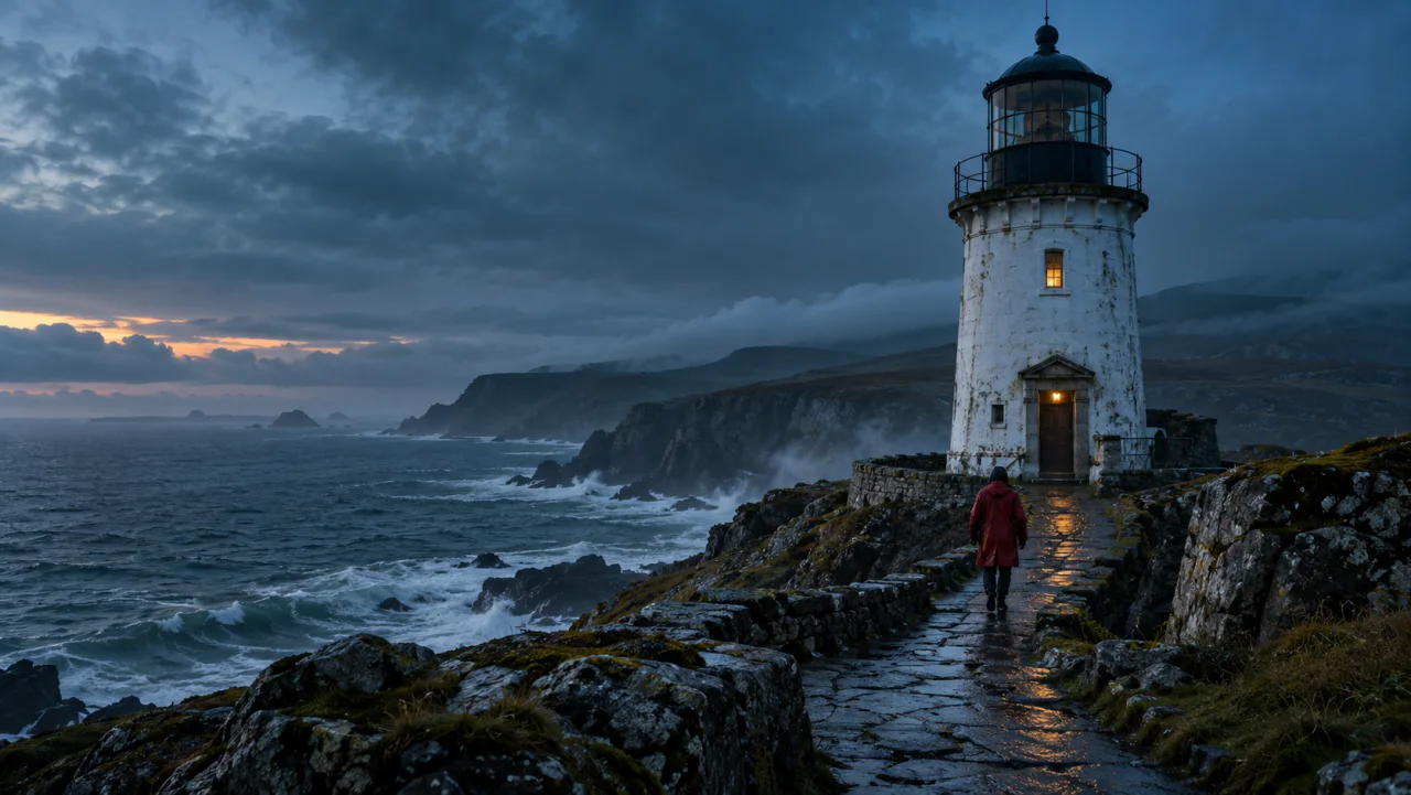 Cinematic concept: a red-coated keeper approaches a coastal lighthouse at dusk.