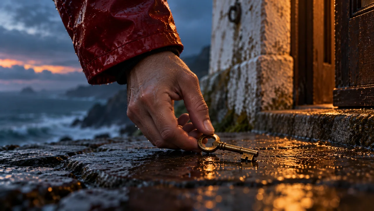 Cinematic concept: a red raincoat sleeve and hand lifting a brass key from wet stone.