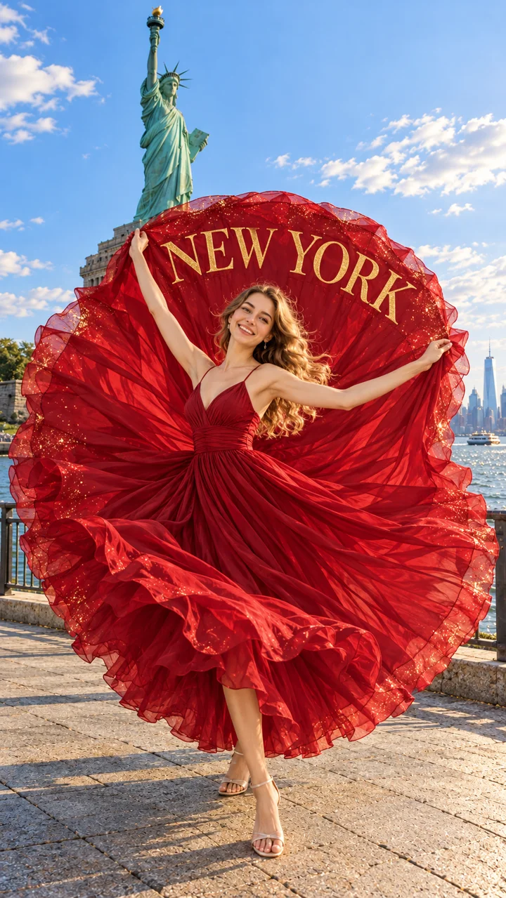 Illustrated woman performing a red skirt reveal near the Statue of Liberty